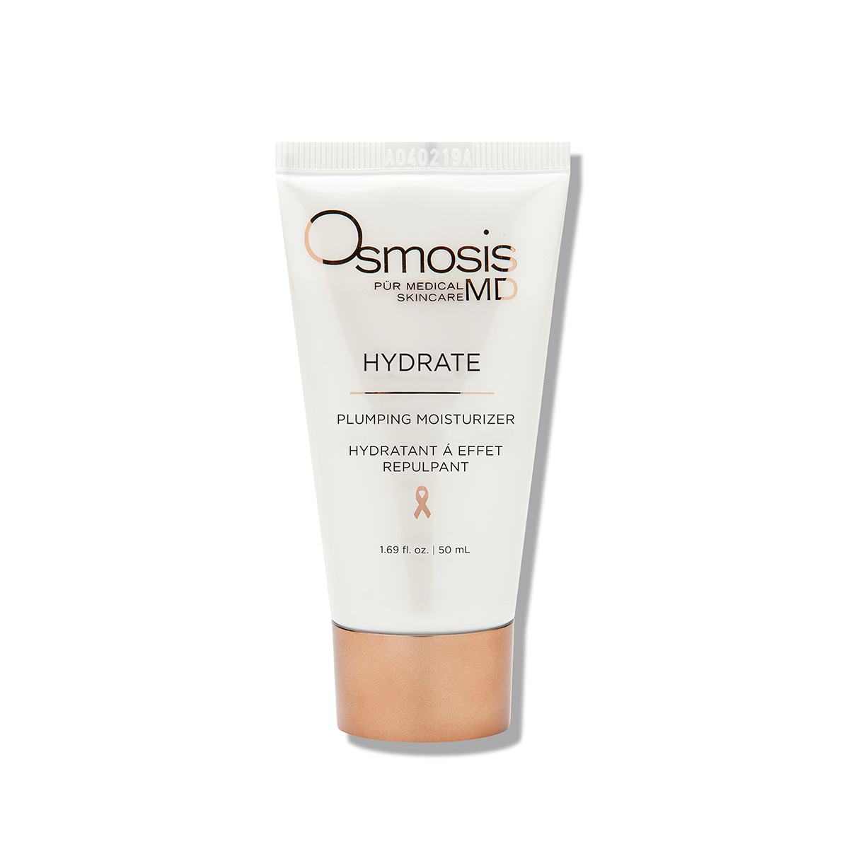 A white tube of Osmosis MD Hydrate Moisturizer with skin-smoothing peptide formula and organic Shea Butter. Encourages suppleness and elasticity. Ideal for aging, sensitive, and dry skin types.