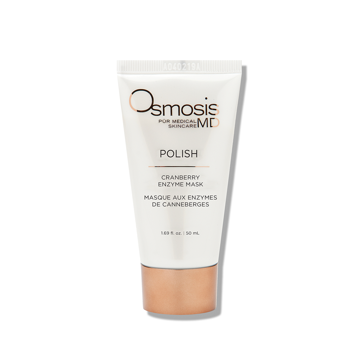 Osmosis MD Polish Enzyme Mask: White tube with gold and black text, skincare product. Gently exfoliates, infuses antioxidants, firms, and smooths skin. Ideal for aging, sensitive, dry skin types.