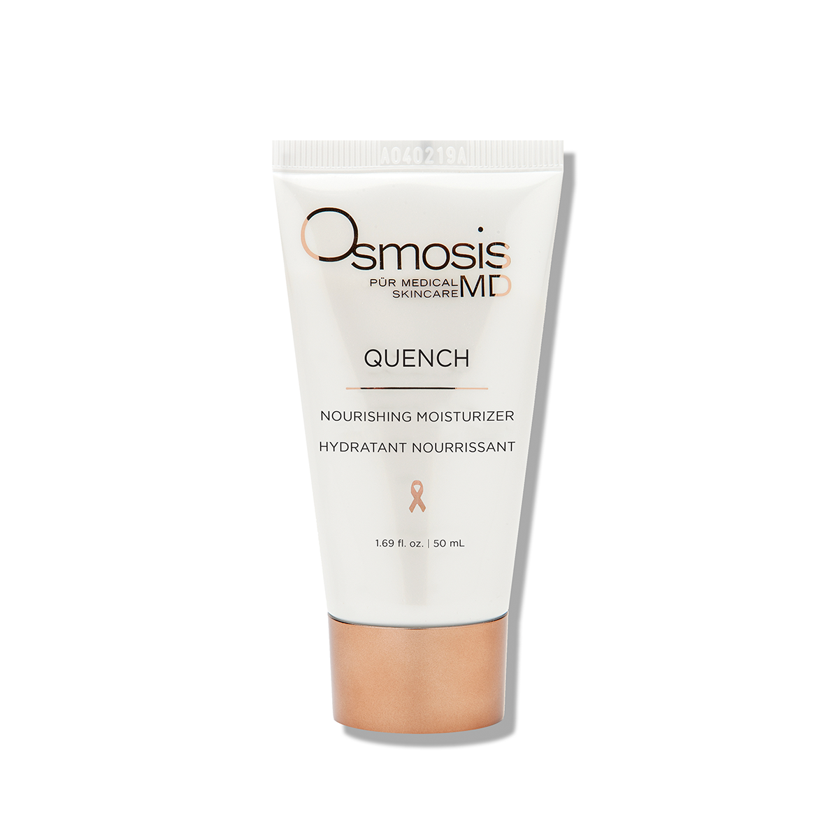 A white tube with black text, featuring Osmosis MD Quench Moisturizer. Infused with organic shea butter and hyaluronic acid for light-weight hydration. Ideal for aging, sensitive, oily, and dry skin types.