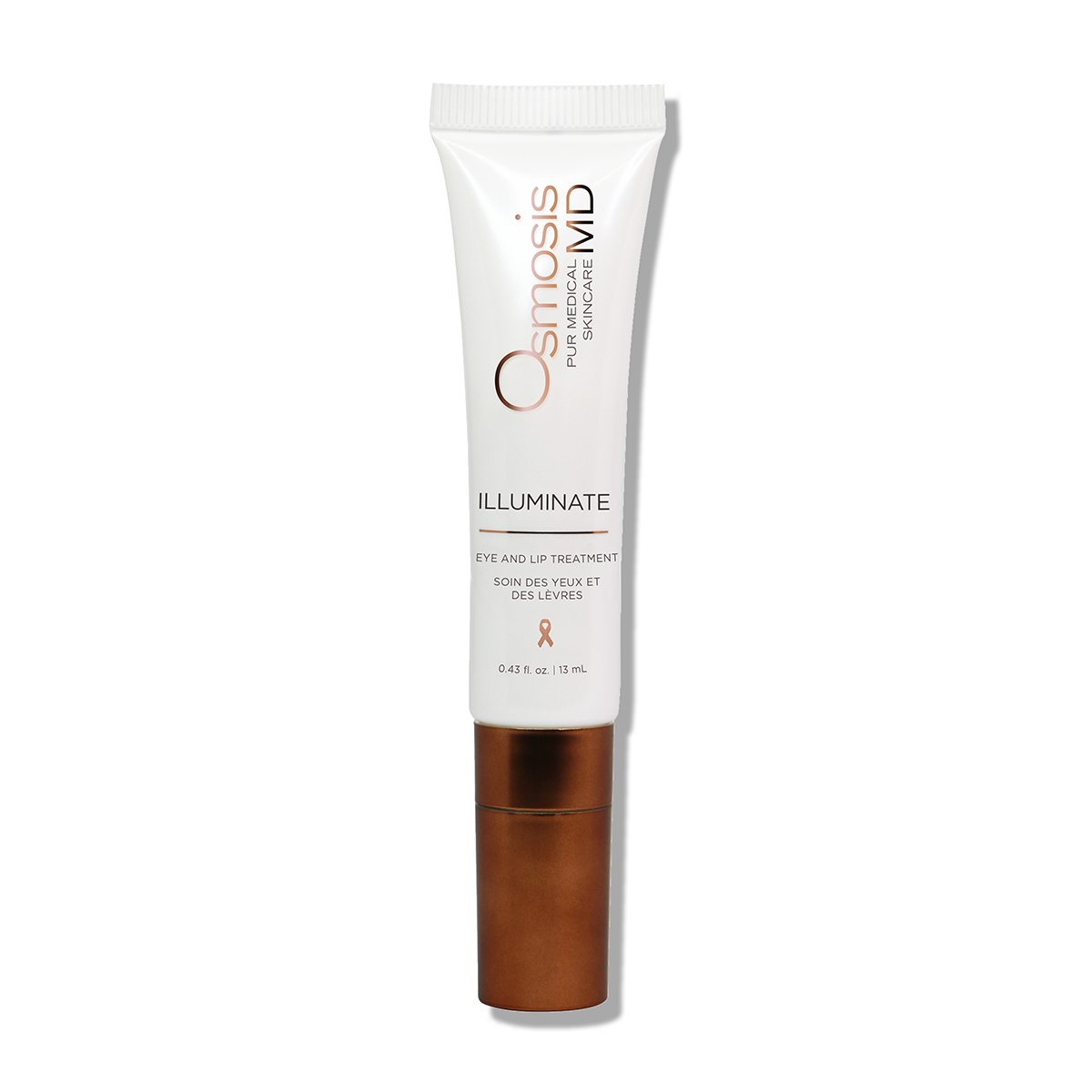 Osmosis MD Illuminate Eye & Lip Treatment: White tube with brown cap, black text label. Diminishes aging signs, improves elasticity, refreshes tired eyes. Key ingredients: CoQ10, Liquid Crystals, Chlorella Vulgaris.